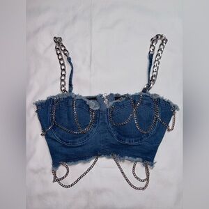 Miss 8 Size L Blue Jean Denim Chain Detail Festival Concert Crop Top